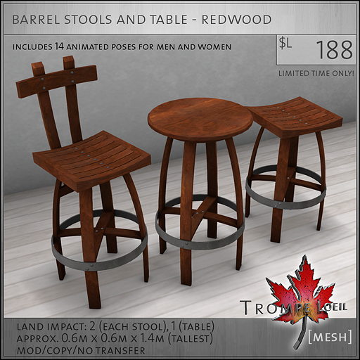 barrel stools and table redwood L188