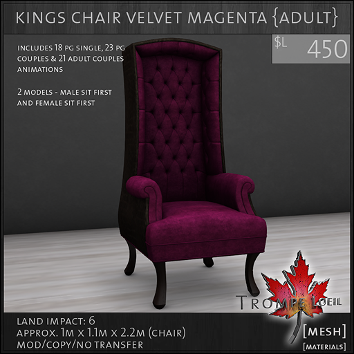 kings chair velvet magenta Adult L450