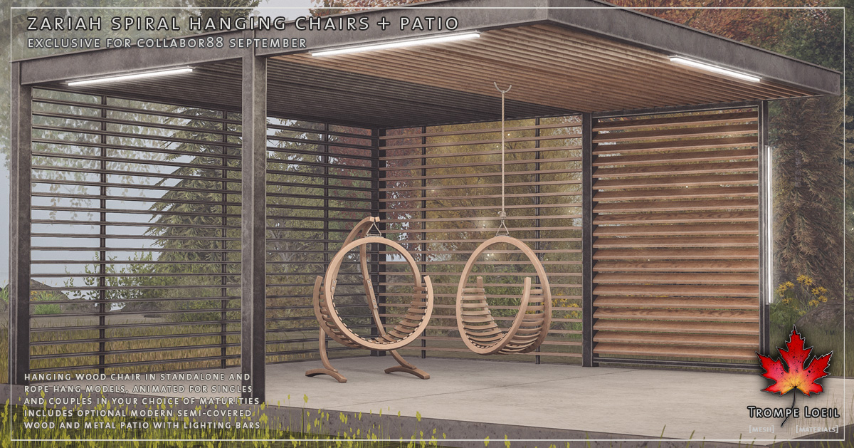 Zariah Hanging Spiral Chairs + Standalone Patio for Collabor88 September