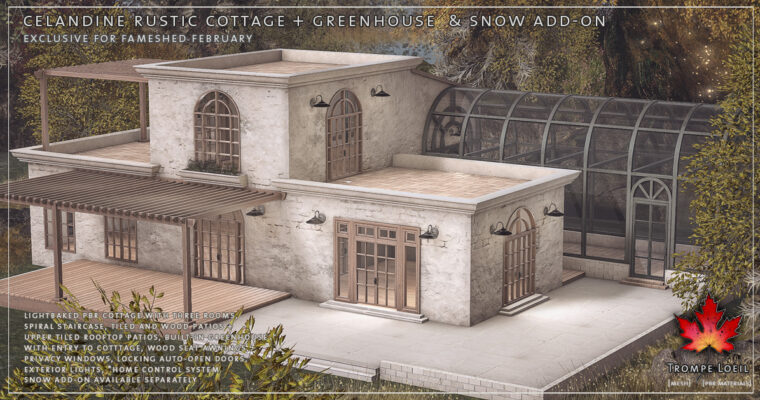 Celandine Rustic Cottage + Greenhouse & Snow Add-On for FaMESHed February
